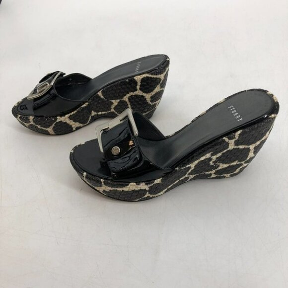 Stuart Weitzman Clipper Giraffe print platform wedge slides black leather size X - Picture 12 of 12